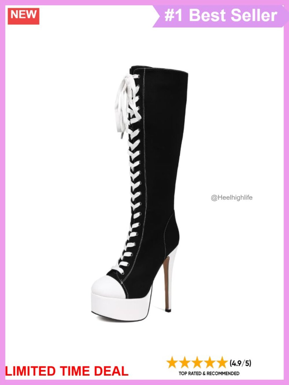 Canvas Lace Up Platform Stiletto Knee High Heeled Boots